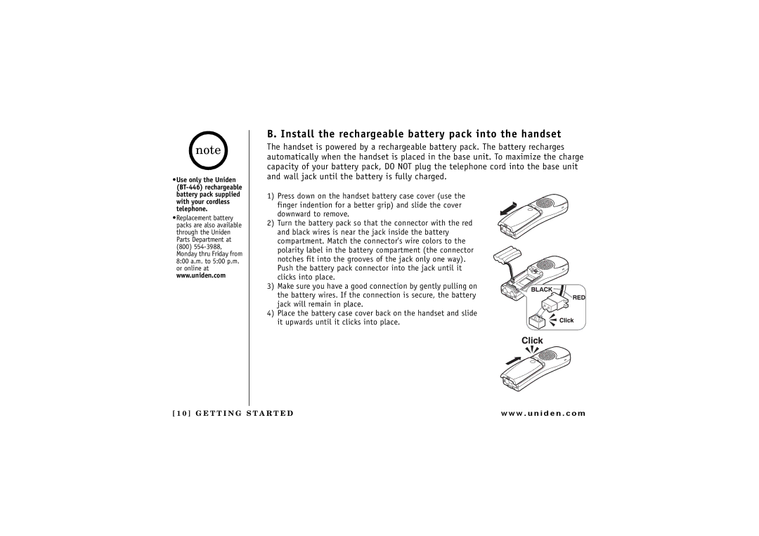 Uniden TRU 8865 owner manual Install the rechargeable battery pack into the handset 