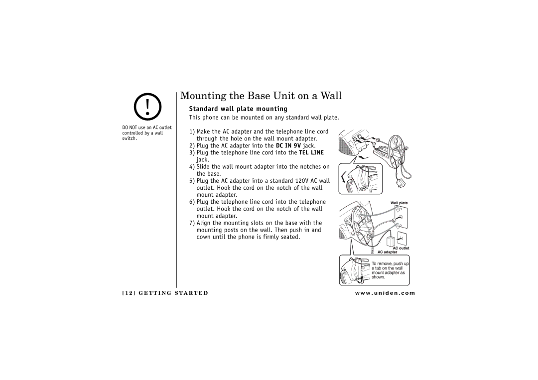 Uniden TRU 8865 owner manual Mounting the Base Unit on a Wall, Standard wall plate mounting 