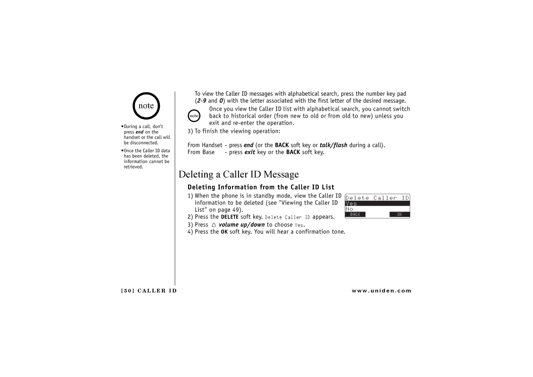 Uniden TRU 8865 owner manual Deleting a Caller ID Message, Deleting Information from the Caller ID List 