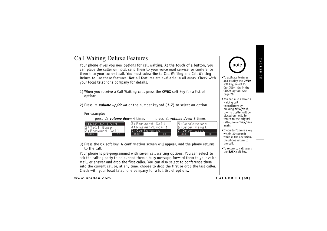 Uniden TRU 8865 owner manual Call Waiting Deluxe Features, Volume down 4 times 