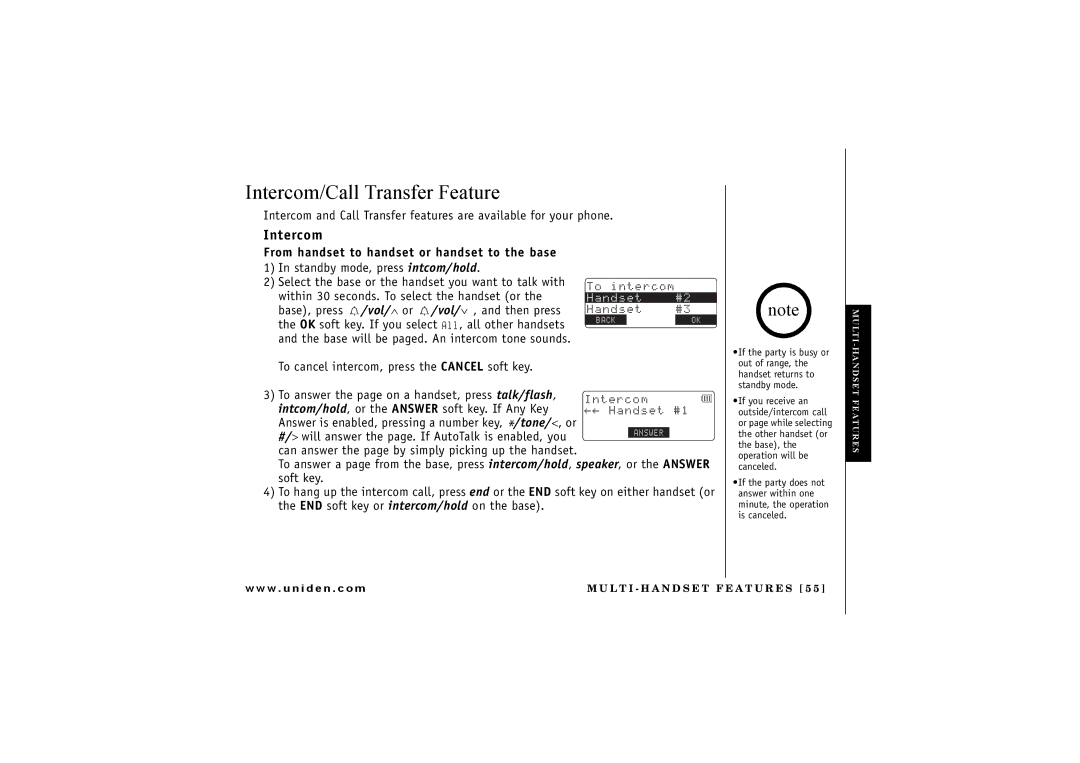 Uniden TRU 8865 owner manual Intercom/Call Transfer Feature, From handset to handset or handset to the base 