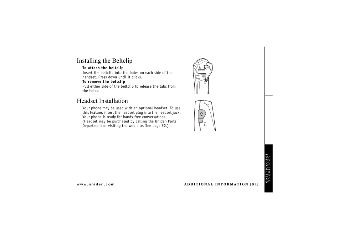 Uniden TRU 8865 owner manual Installing the Beltclip, Headset Installation, To attach the beltclip, To remove the beltclip 