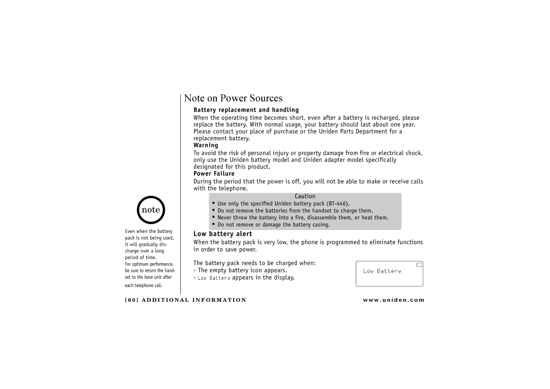 Uniden TRU 8865 owner manual Low battery alert, Battery replacement and handling, Power Failure 