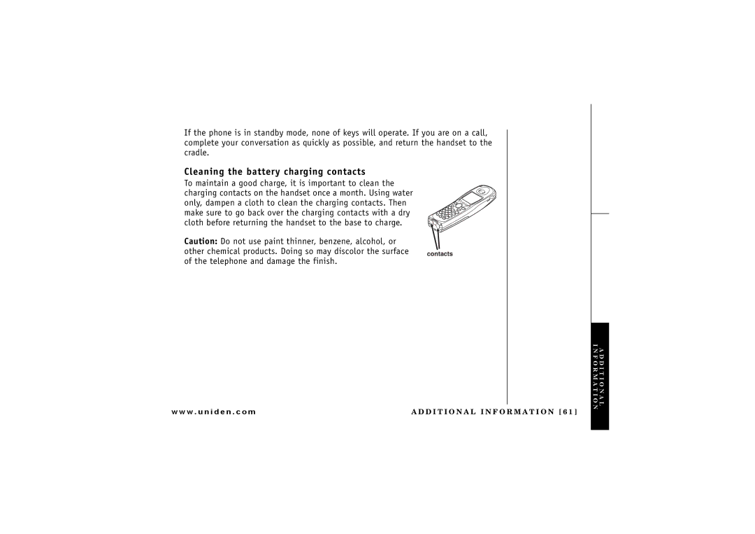 Uniden TRU 8865 owner manual Cleaning the battery charging contacts 