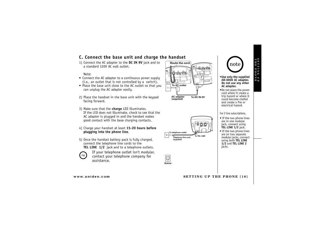 Uniden TRU 8866 owner manual Connect the base unit and charge the handset 