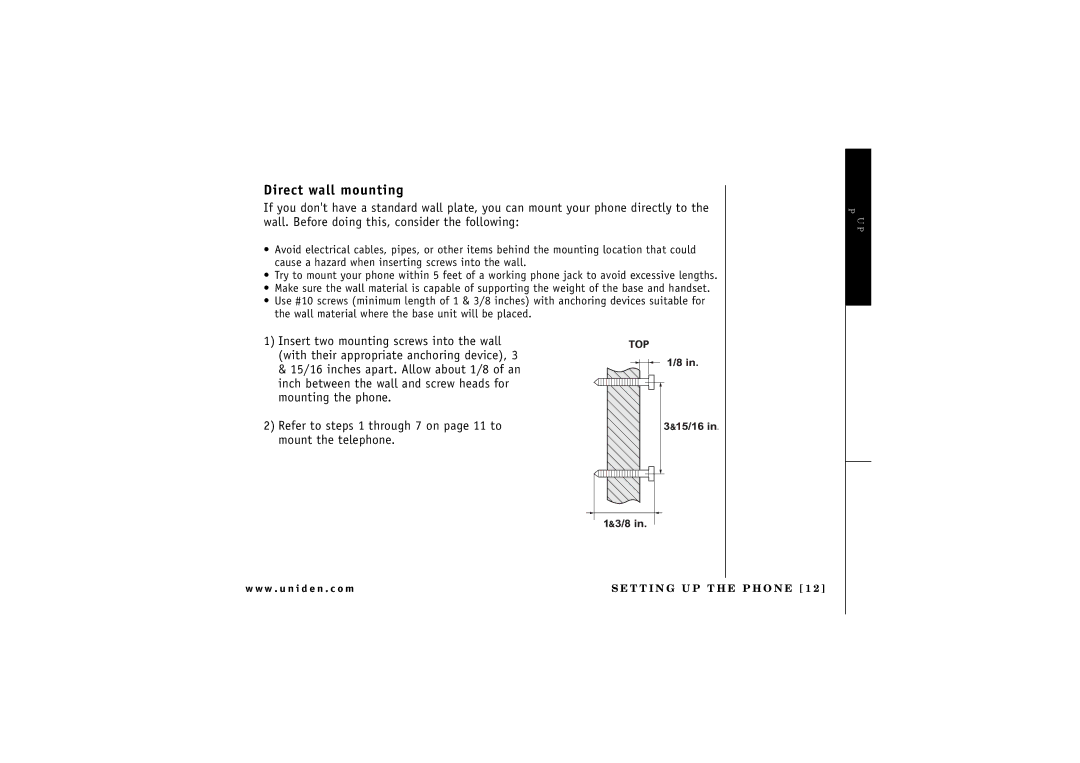 Uniden TRU 8866 owner manual Direct wall mounting 