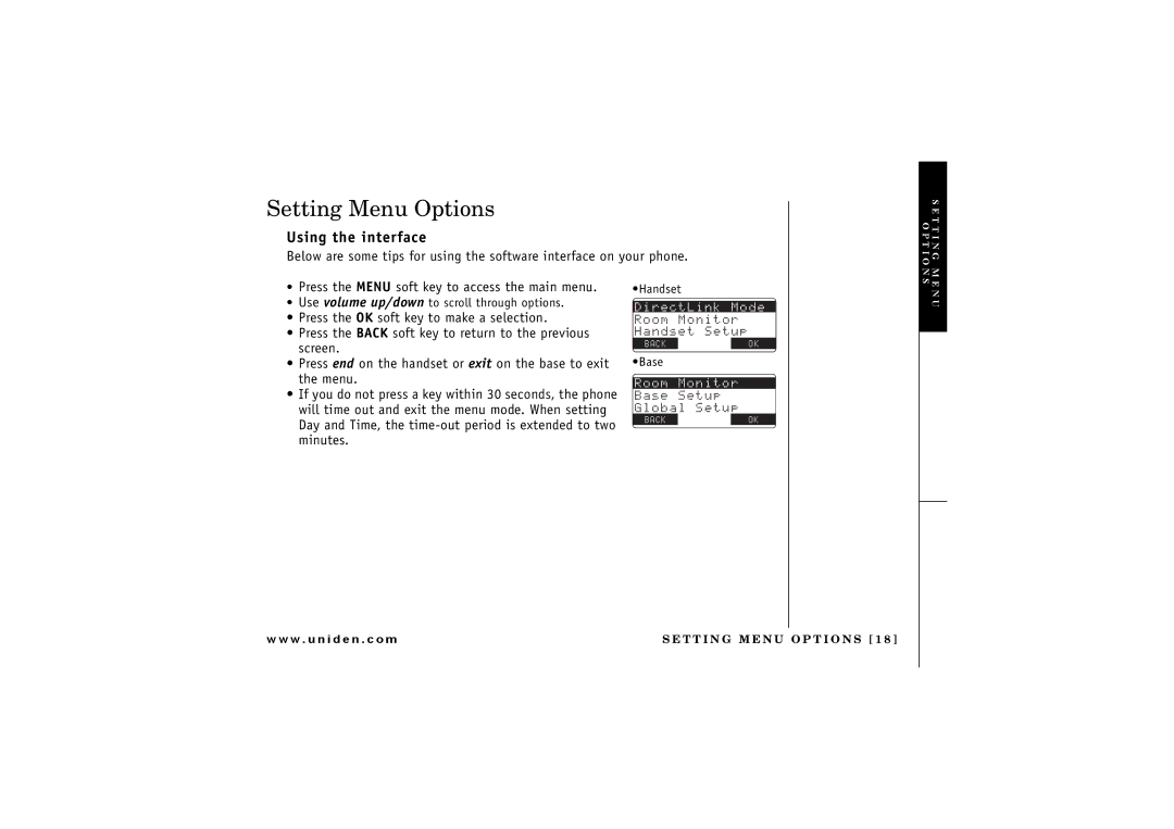 Uniden TRU 8866 owner manual Setting Menu Options, Using the interface 