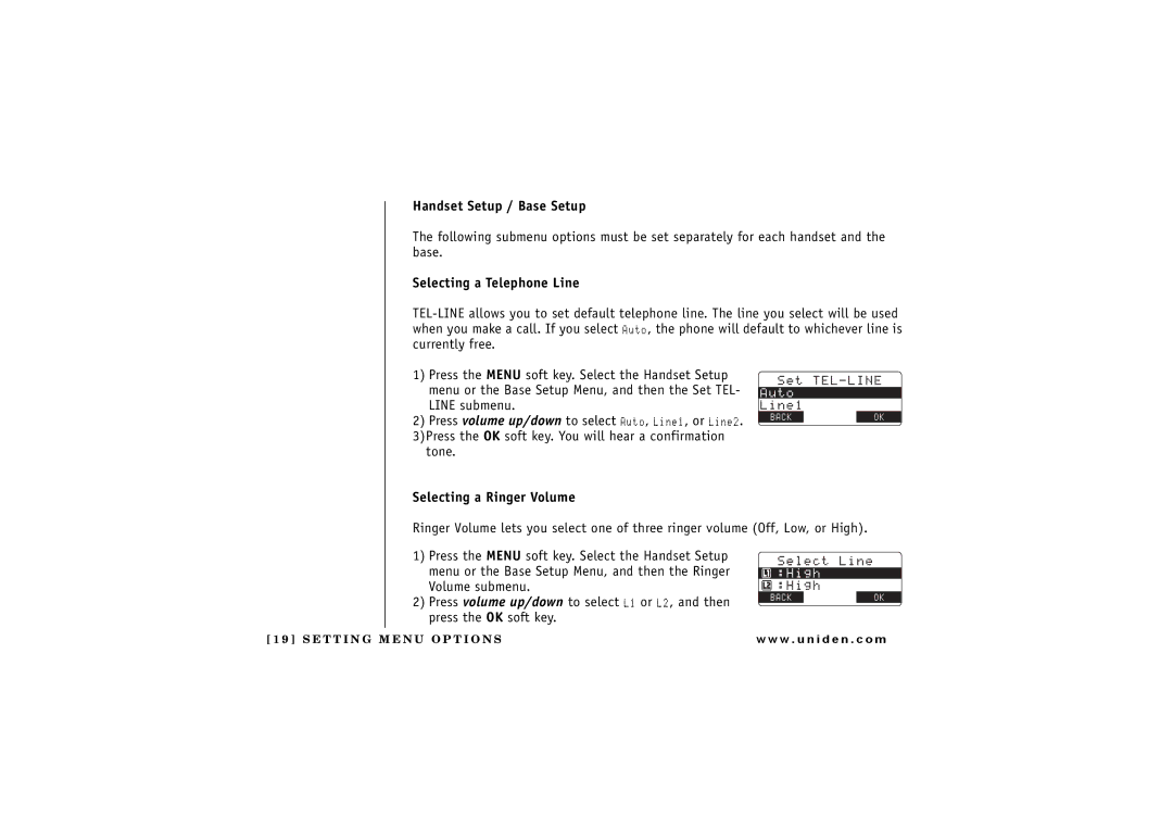 Uniden TRU 8866 owner manual Handset Setup / Base Setup, Selecting a Telephone Line, Selecting a Ringer Volume 