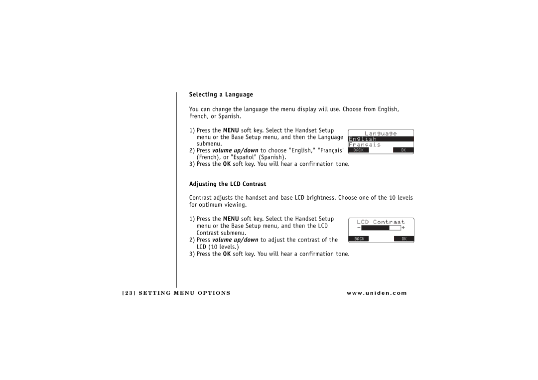 Uniden TRU 8866 owner manual Selecting a Language, Adjusting the LCD Contrast 