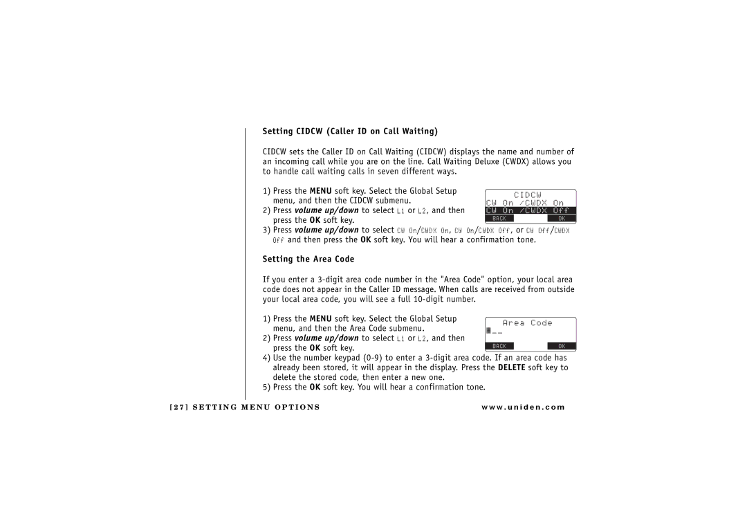 Uniden TRU 8866 owner manual Setting Cidcw Caller ID on Call Waiting, Setting the Area Code 