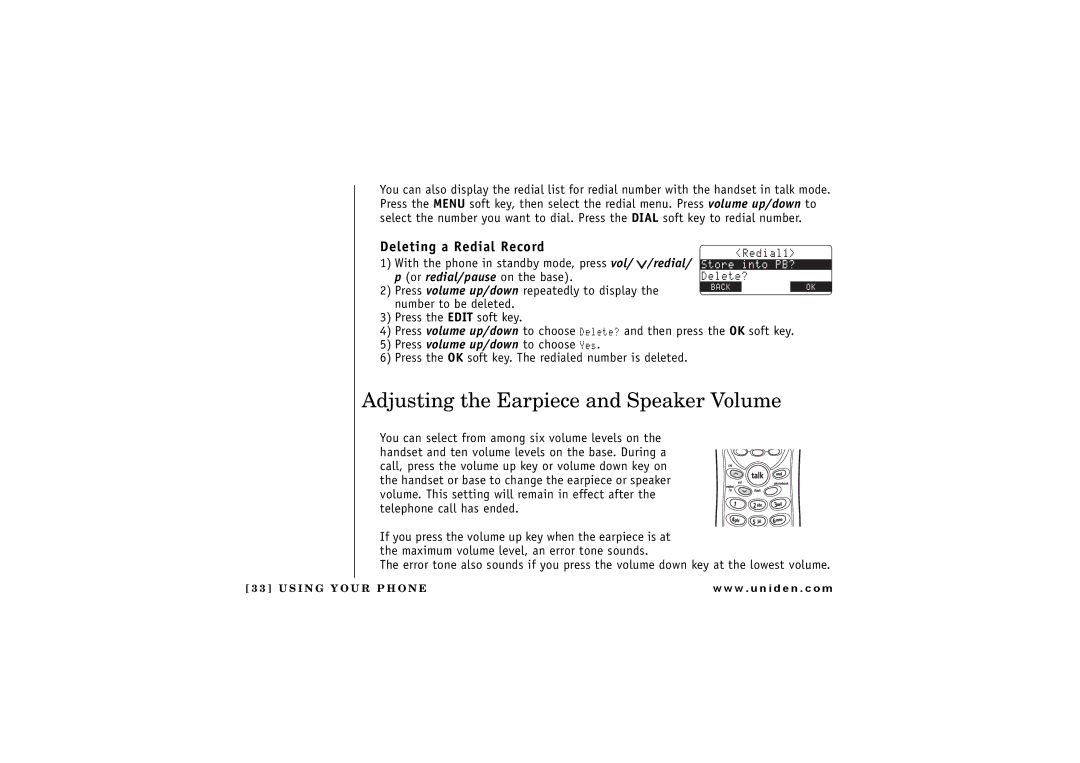 Uniden TRU 8866 owner manual Adjusting the Earpiece and Speaker Volume, Deleting a Redial Record 