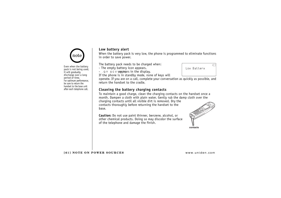 Uniden TRU 8866 owner manual Low battery alert, Cleaning the battery charging contacts 