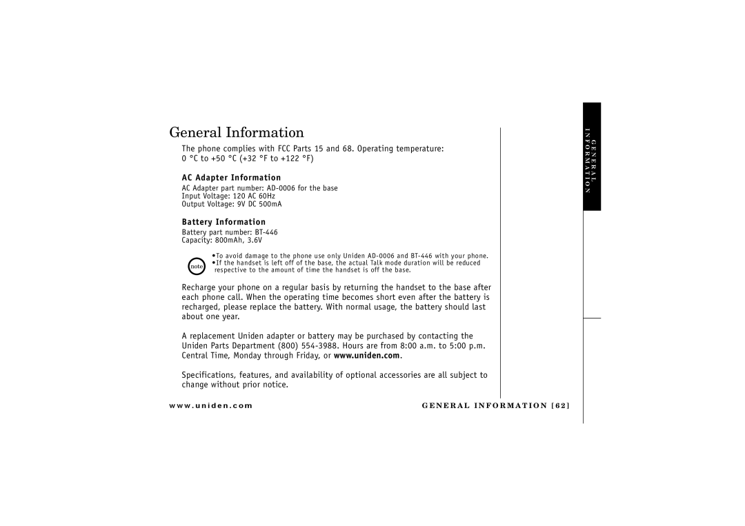 Uniden TRU 8866 owner manual General Information, AC Adapter Information, Battery Information 