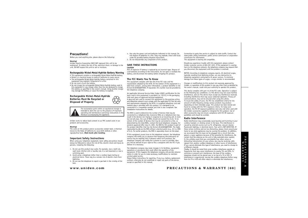 Uniden TRU 8866 owner manual Precautions 