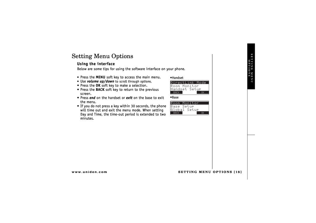 Uniden TRU 8866 owner manual Setting Menu Options, Using the interface 