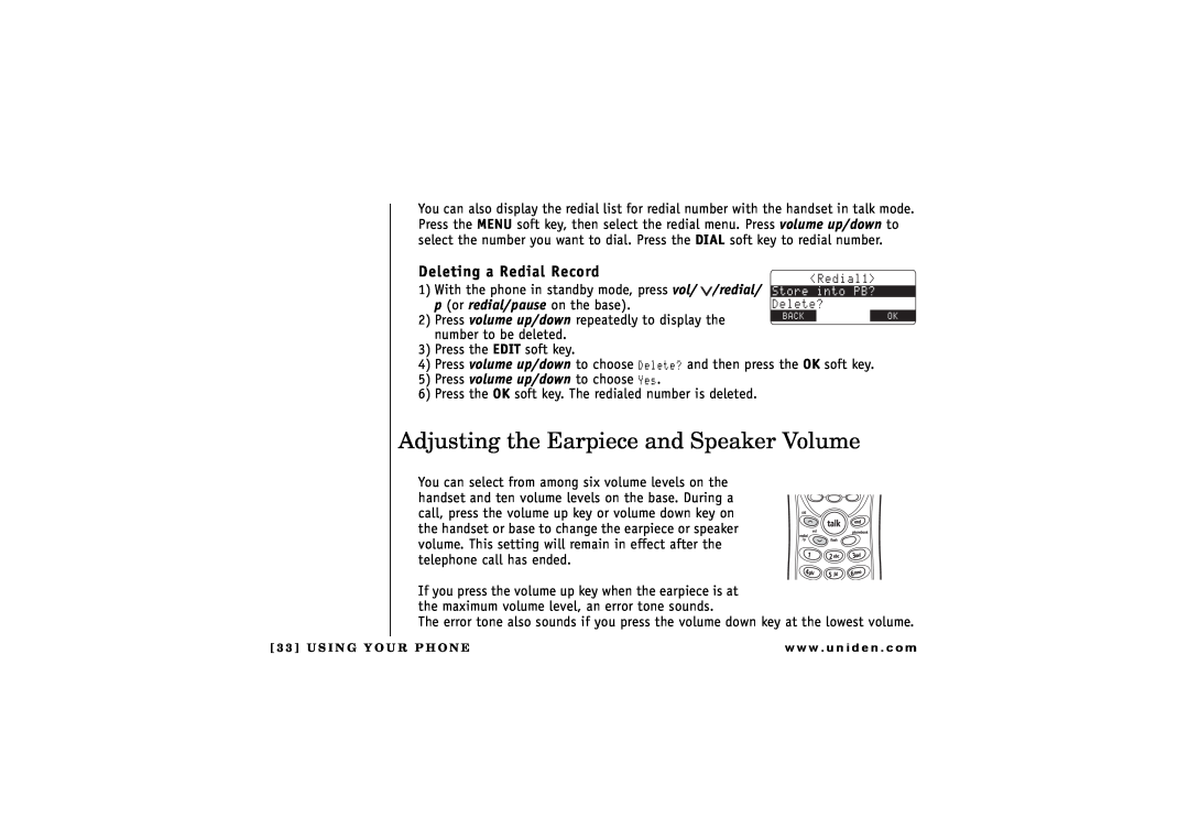 Uniden TRU 8866 owner manual Adjusting the Earpiece and Speaker Volume, Deleting a Redial Record 