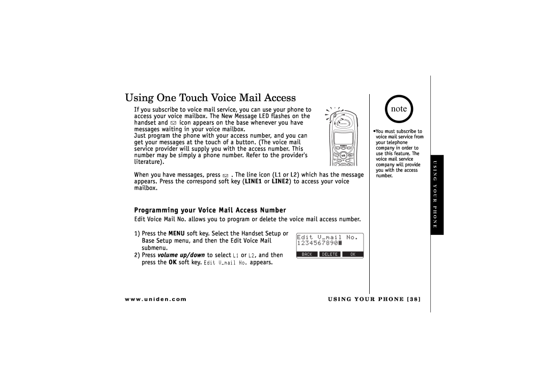 Uniden TRU 8866 owner manual Using One Touch Voice Mail Access, Programming your Voice Mail Access Number 