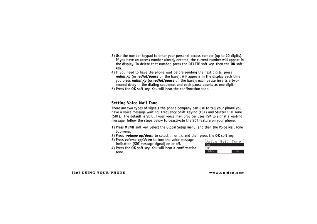 Uniden TRU 8866 owner manual Setting Voice Mail Tone, tone 