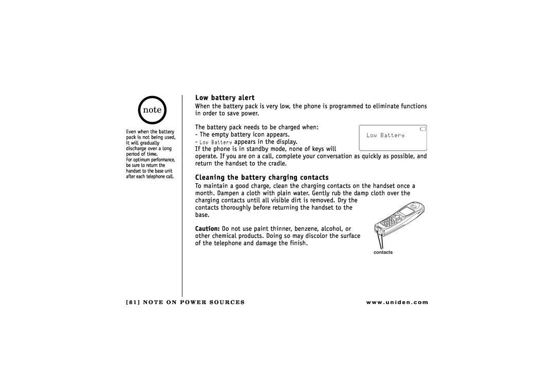 Uniden TRU 8866 owner manual Low battery alert, Cleaning the battery charging contacts 