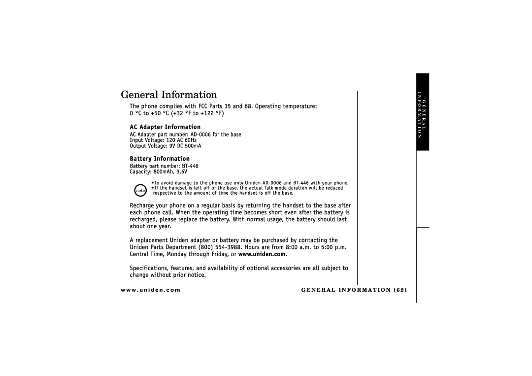 Uniden TRU 8866 owner manual General Information, AC Adapter Information, Battery Information 