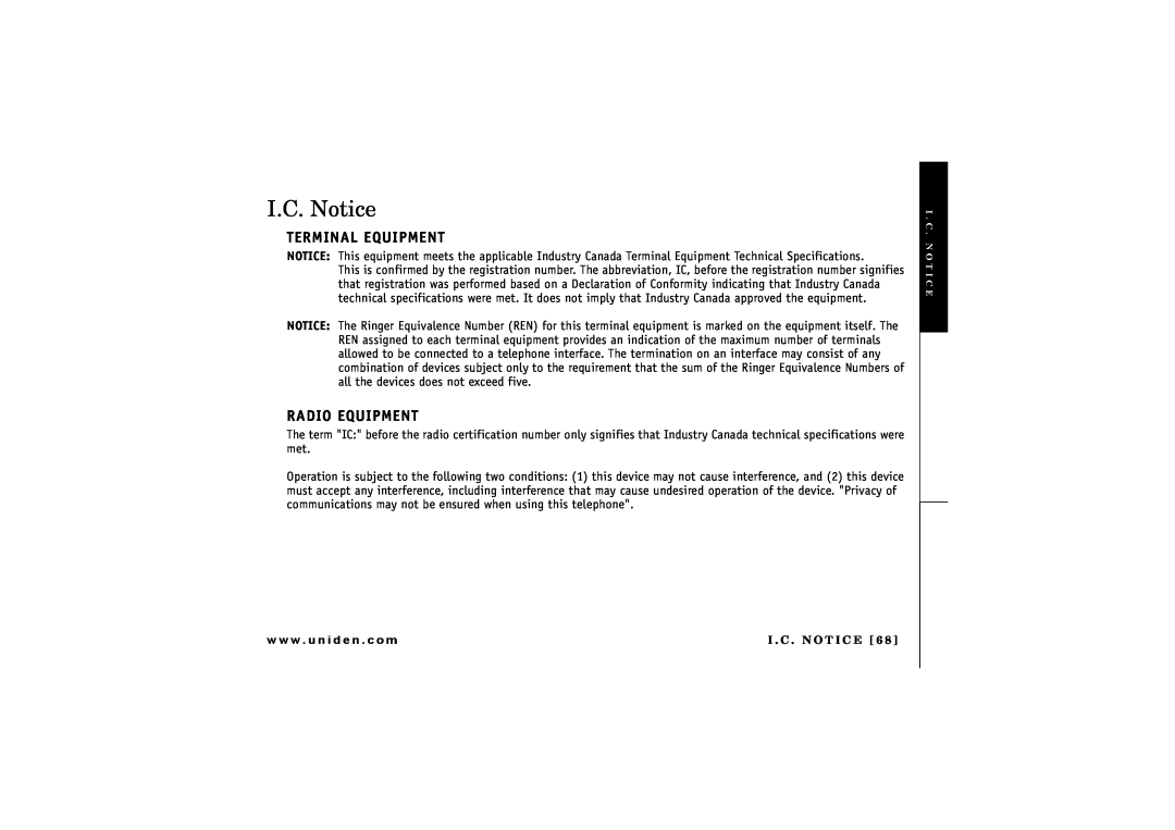 Uniden TRU 8866 owner manual I.C. Notice, Terminal Equipment, Radio Equipment, w w w . u n i d e n . c o m 