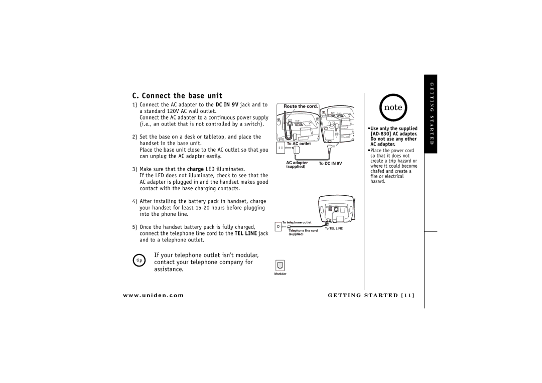 Uniden TRU 8880 owner manual Connect the base unit 