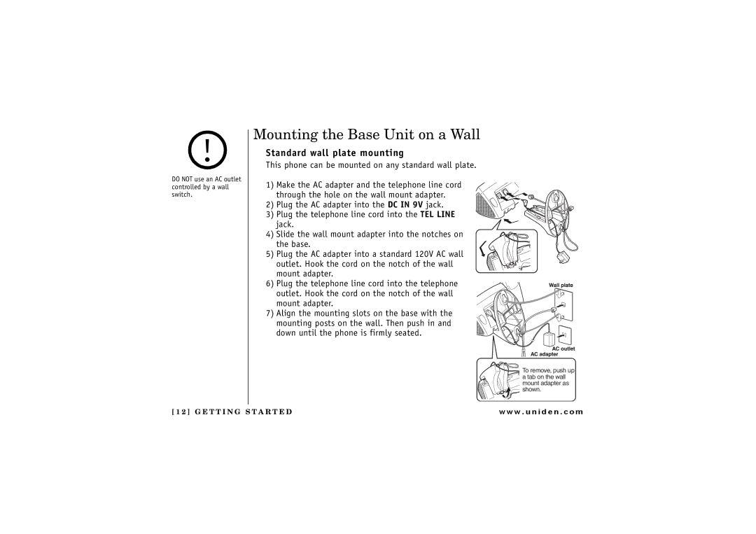 Uniden TRU 8880 owner manual Mounting the Base Unit on a Wall, Standard wall plate mounting 