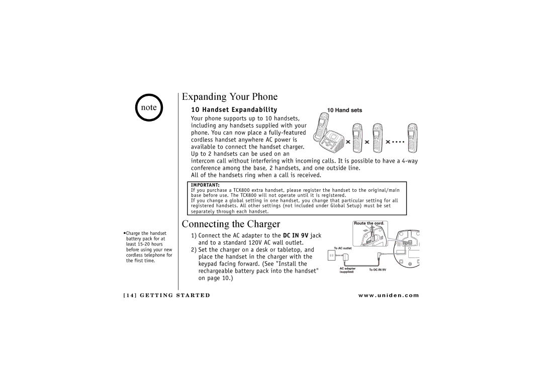 Uniden TRU 8880 owner manual Expanding Your Phone, Connecting the Charger, Handset Expandability 