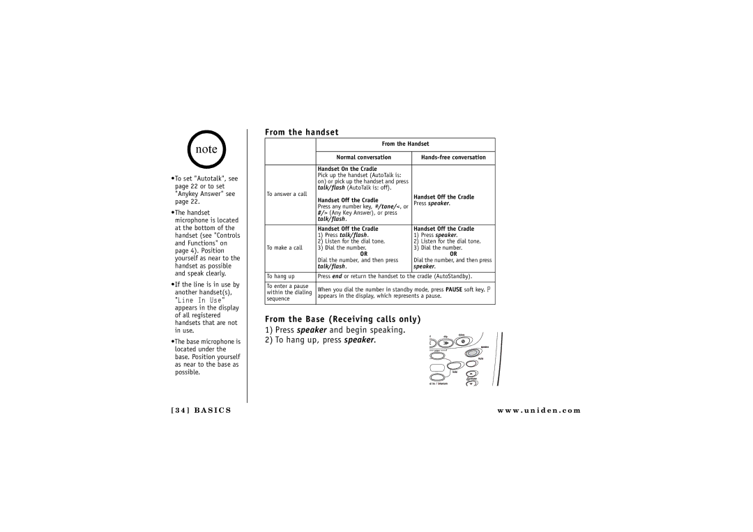 Uniden TRU 8880 owner manual From the handset, From the Base Receiving calls only 