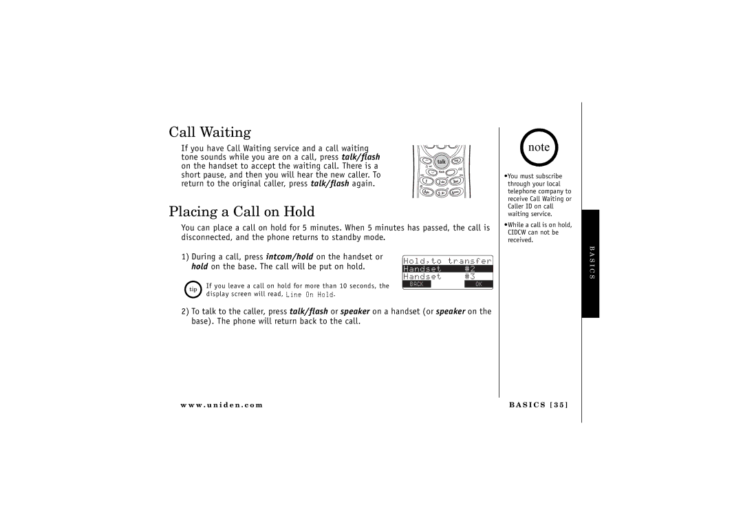 Uniden TRU 8880 owner manual Call Waiting, Placing a Call on Hold 