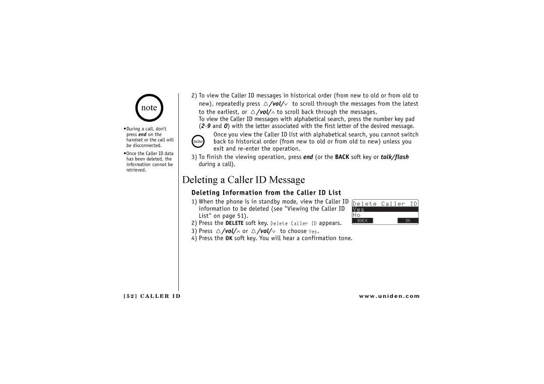 Uniden TRU 8880 Deleting a Caller ID Message, Deleting Information from the Caller ID List, Vol/∨ to choose Yes 