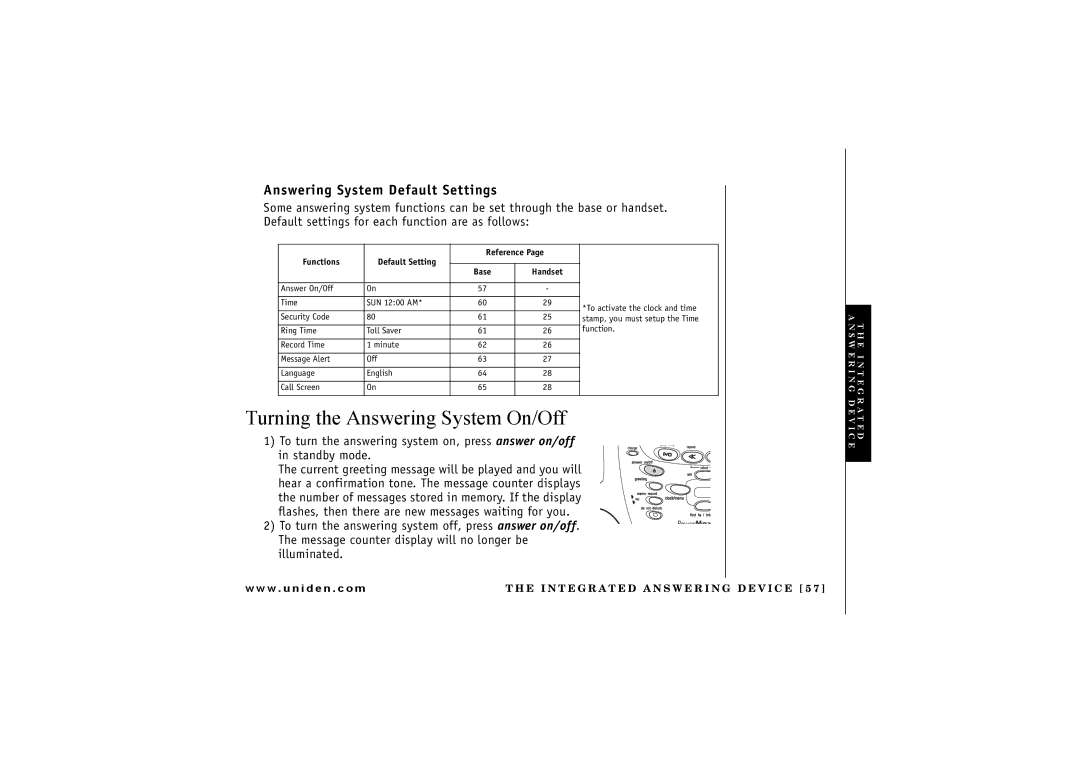 Uniden TRU 8880 owner manual Turning the Answering System On/Off, Answering System Default Settings 