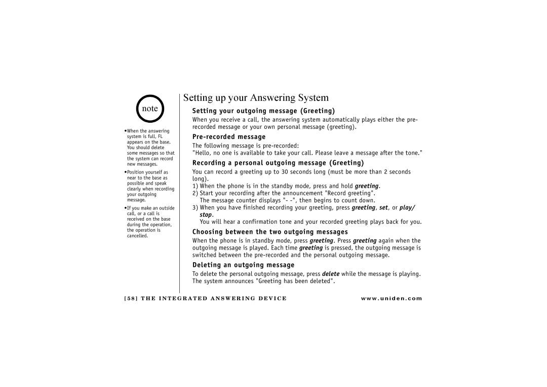 Uniden TRU 8880 owner manual Setting up your Answering System 