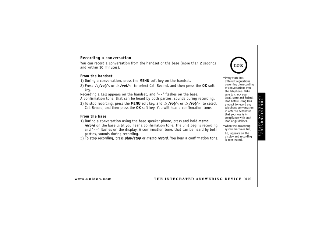 Uniden TRU 8880 owner manual Recording a conversation, From the handset 