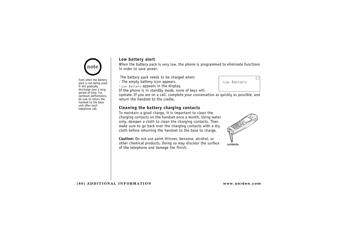 Uniden TRU 8880 owner manual Low battery alert, Cleaning the battery charging contacts 