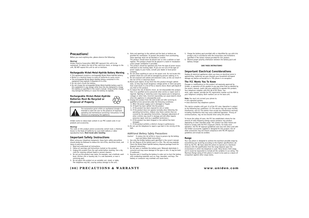 Uniden TRU 8880 owner manual Precautions 