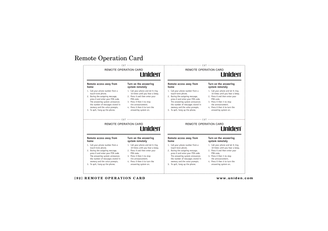 Uniden TRU 8880 owner manual Remote Operation Card, Remote access away from home 