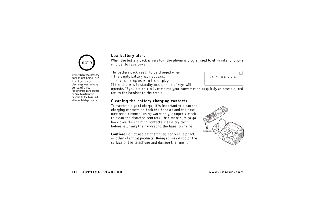 Uniden TRU 8885 owner manual Low battery alert, Cleaning the battery charging contacts 