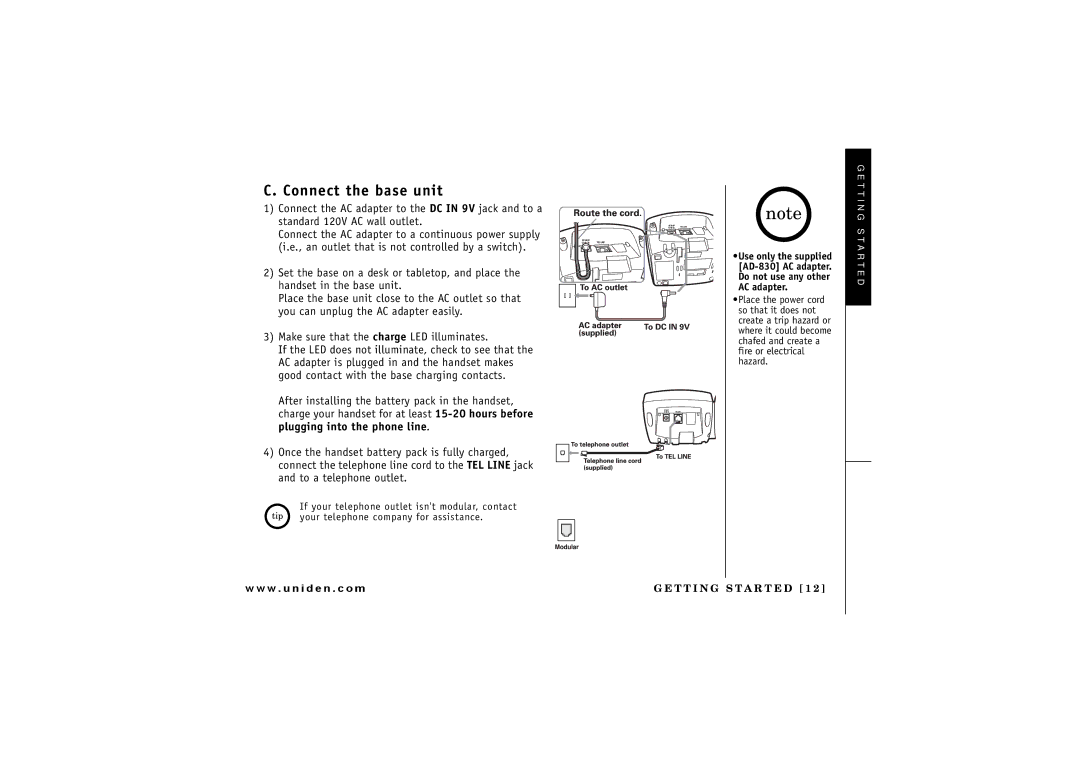 Uniden TRU 8885 owner manual Connect the base unit 