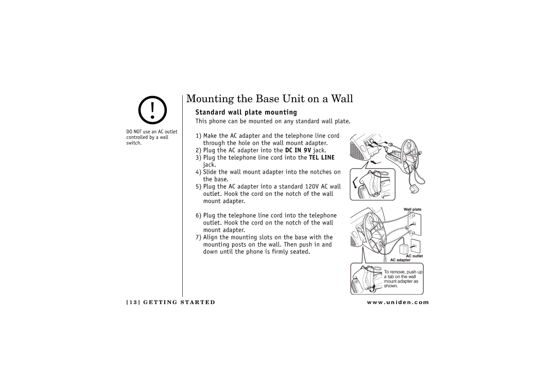 Uniden TRU 8885 owner manual Mounting the Base Unit on a Wall, Standard wall plate mounting 