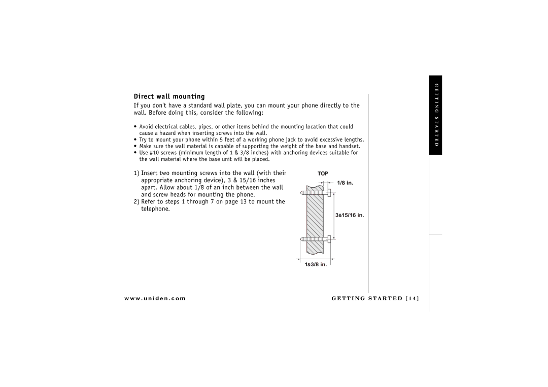 Uniden TRU 8885 owner manual Direct wall mounting 