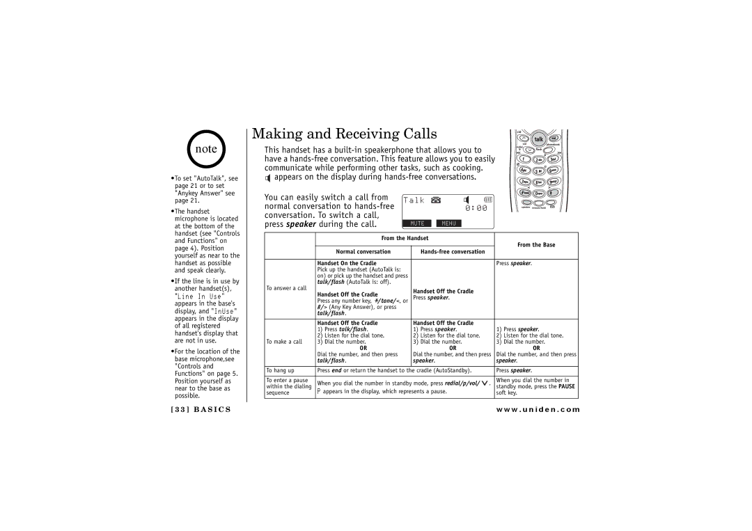 Uniden TRU 8885 owner manual Making and Receiving Calls, Appears on the display during hands-free conversations 