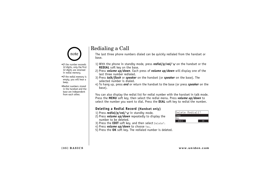 Uniden TRU 8885 owner manual Redialing a Call, Deleting a Redial Record Handset only 