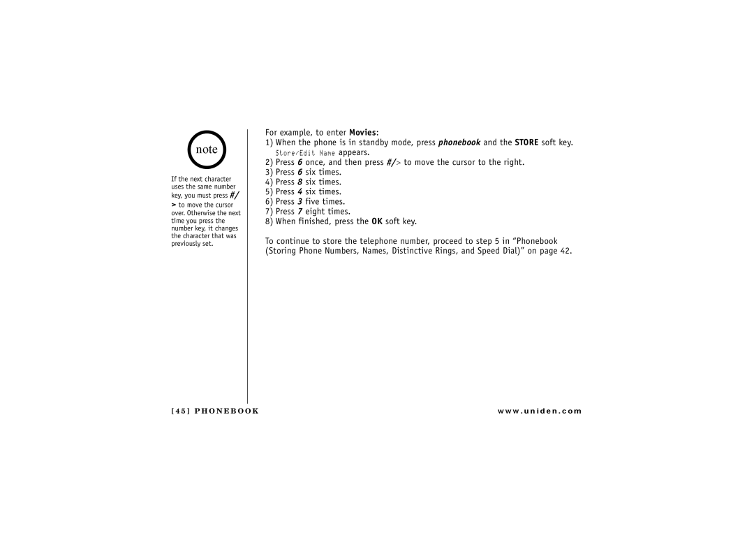 Uniden TRU 8885 owner manual To move the cursor 