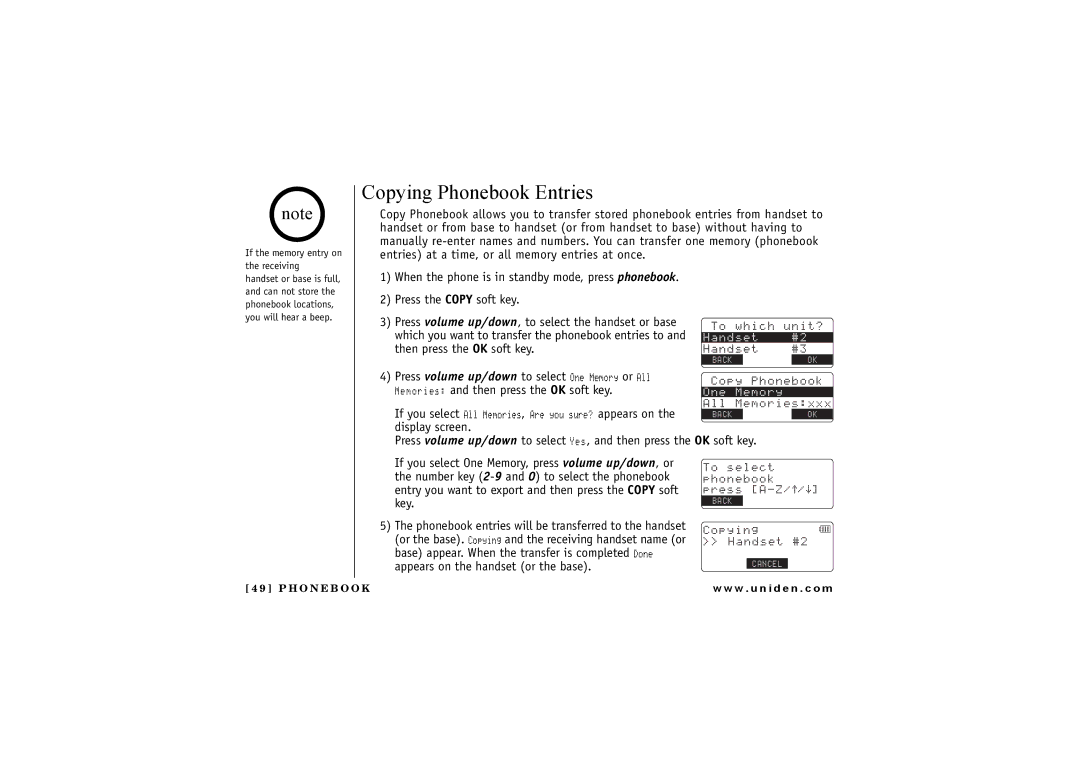 Uniden TRU 8885 Copying Phonebook Entries, Press volume up/down to select One Memory or All, If you select, Appears on 