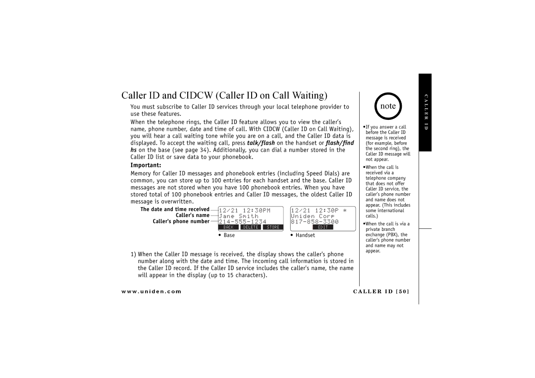 Uniden TRU 8885 owner manual Caller ID and Cidcw Caller ID on Call Waiting, L L E R I D 5 