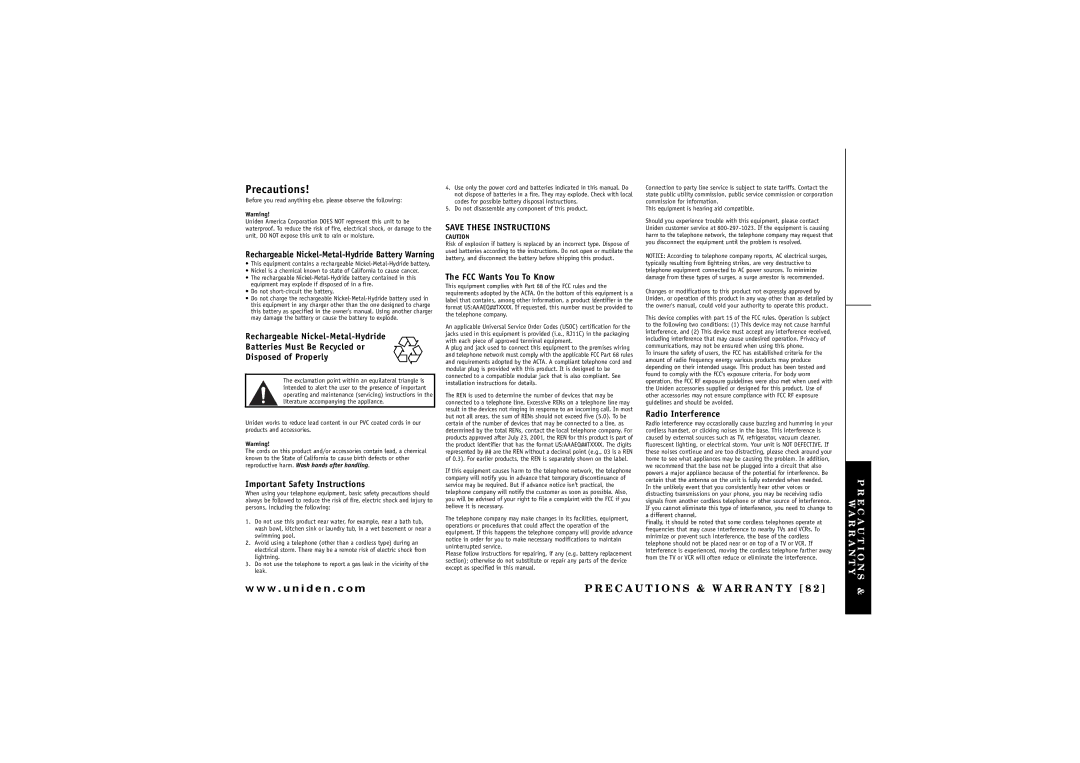 Uniden TRU 8885 owner manual Precautions 