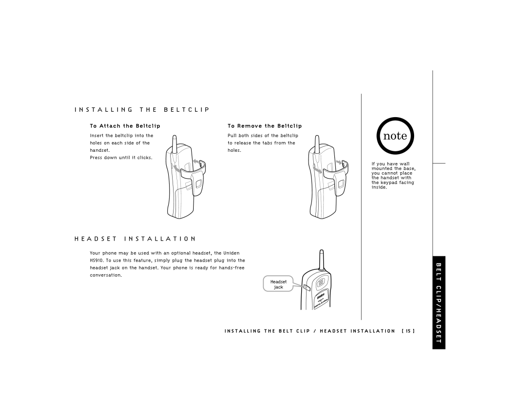 Uniden TRU241 Install I N G T H E B E L T C L I P, A D S E T Installation, To Attach the Beltclip To Remove the Beltclip 