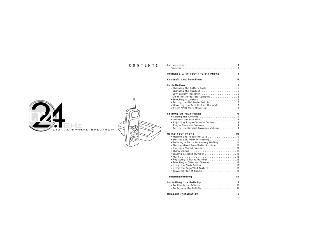 Uniden TRU241 owner manual N T E N T S 