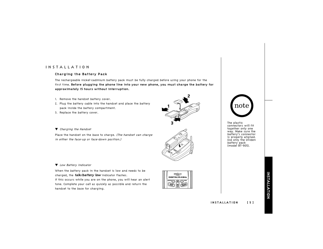 Uniden TRU241 owner manual Installation, Charging the Battery Pack, Charging the Handset, Low Battery Indicator 